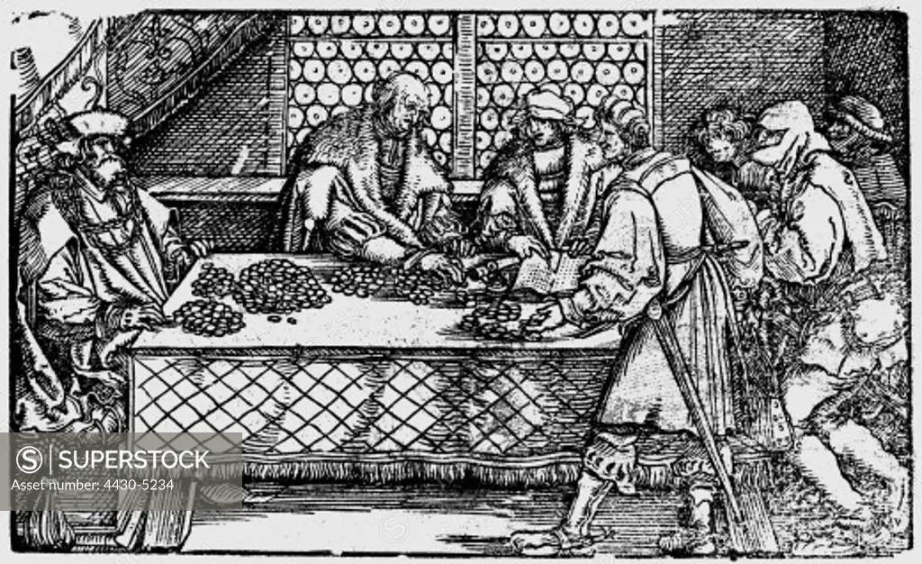 money finance money changer woodcut by Hans Wielitz Germany 16th century,
