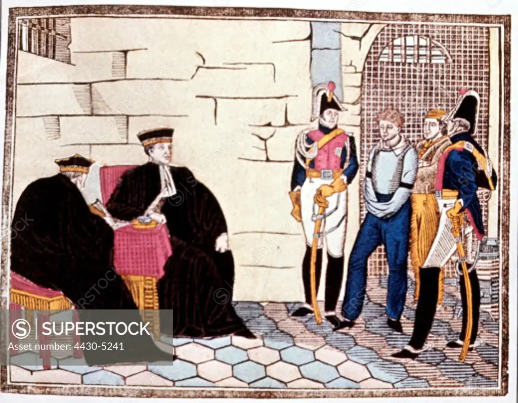 justice questioning interrogation of a prisoner France first half of the 19th century,