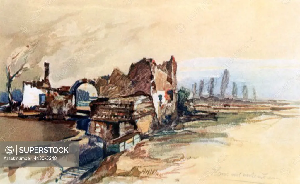 First World War WWI Western front France ruin house with white fence print after watercolour by Adolf Hitler 1917 ARTIST'S COPYRIGHT MUST ALSO BE CLEARED,