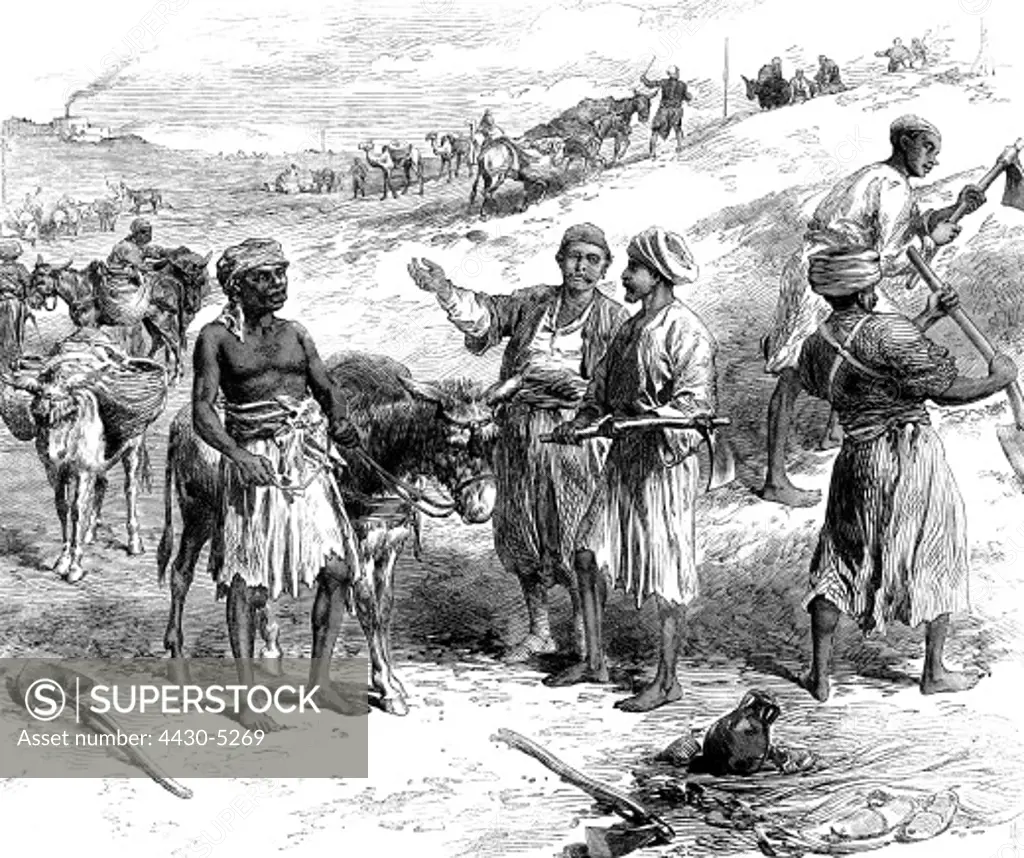 Egypt Suez Canal under construction 1859 - 1869 worker during ground works wood engraving ""The Illustrated London News"" 1869,
