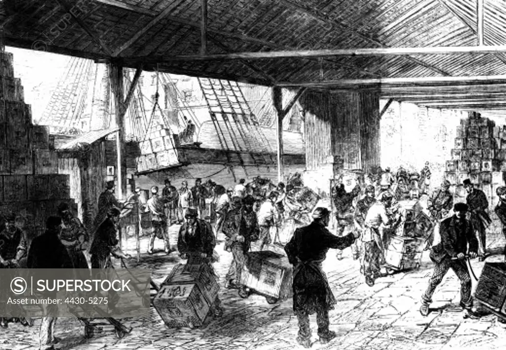 Great Britain London harbour docks unloading of ships East India Dock wood engraving from ""Illustrated London News"" 1867,