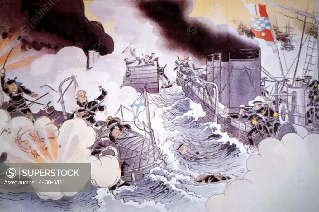 Russo-Japanese War 1904/1905 sea battle of Tsushima 27.5.1905 Japanese illustration,