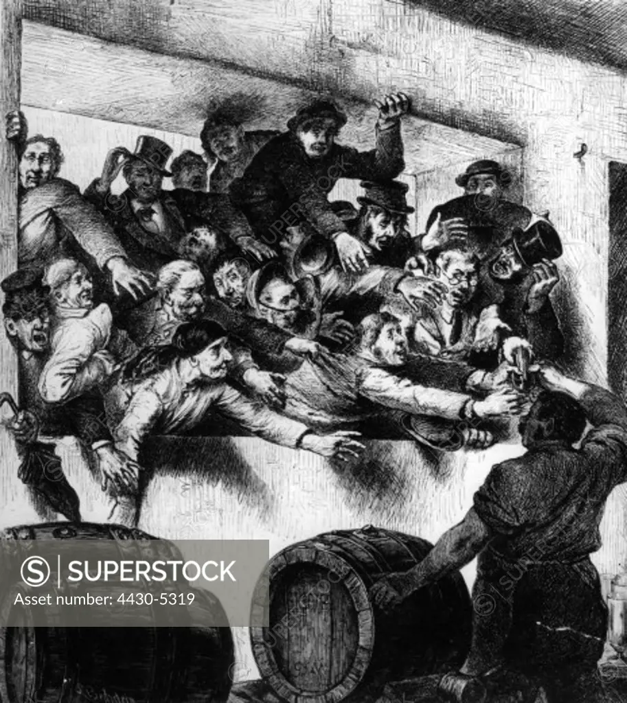 geography/travel Germany Munich gastronomy Bockstall taping of Bock beer struggle for the first glass wood engraving by Ludwig Bechstein 1872,