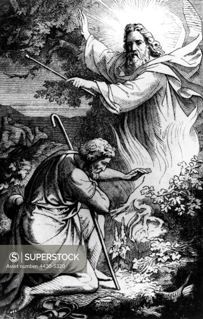 religion biblical scenes Moses and the burning bush engraving 19th century prophet vision appearance Lord God bible,