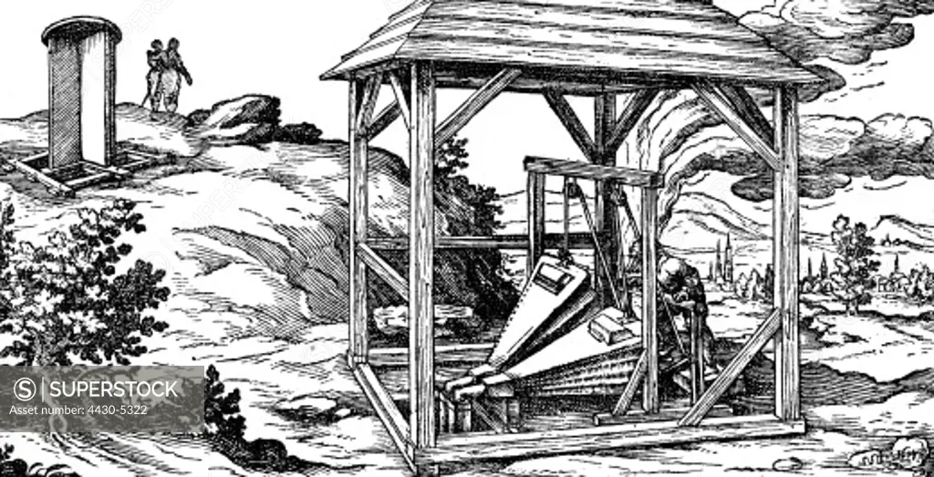 mining mine pumping device at the ventilation shaft copper engraving ""Bericht vom Bergwerk"" by Georg Engelhard von Loehneysen 1617,