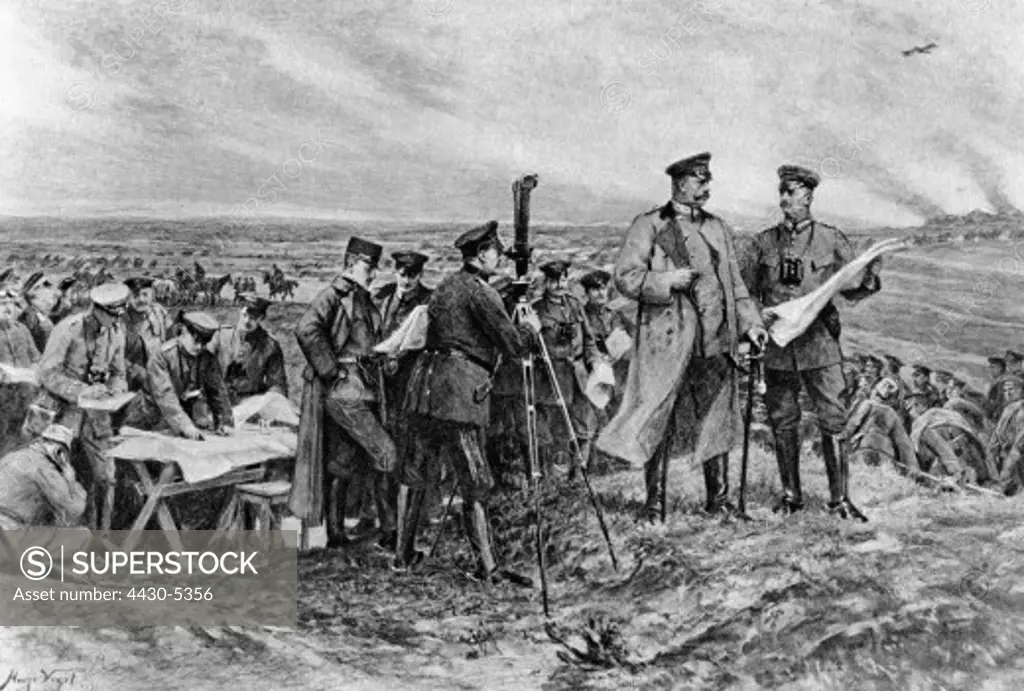 events First World War WWI Eastern Front Battle of Tannenberg 26.8.1914 - 30.8. 1914 Field Marshal Paul von Hindenburg and his staff after drawing by Hugo Vogel 29.8.1915,