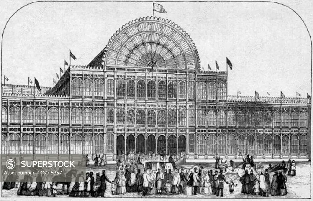 exhibition world exhibition London 1.5. - 18.10.1851 first world exhibition crystal palace built 1850/1851 after plan by Joseph Paxton in Hyde Park exterior view engraving 19th century,