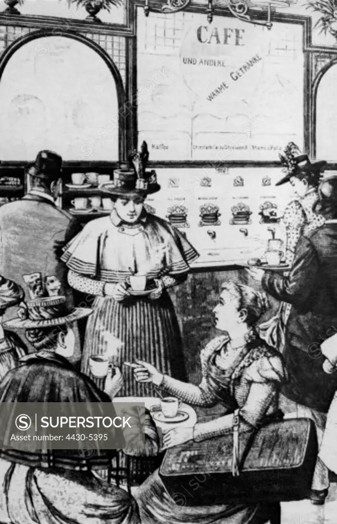 gastronomy cafes street cafes automated cafe restaurant Munich 1898 after drawing by G.Heine detail wood engraving circa 1900,