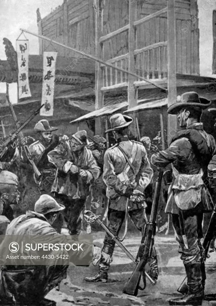 China politics Boxer Rebellion Beijing German soldiers searching houses for armed Boxers drawing Germany 1901,