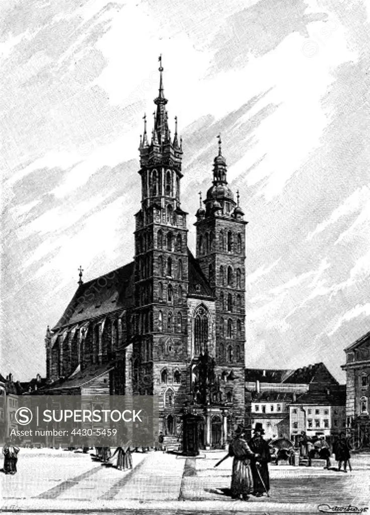 Poland Krakow churches St. Mary's Church exterior view wood engraving 1895,