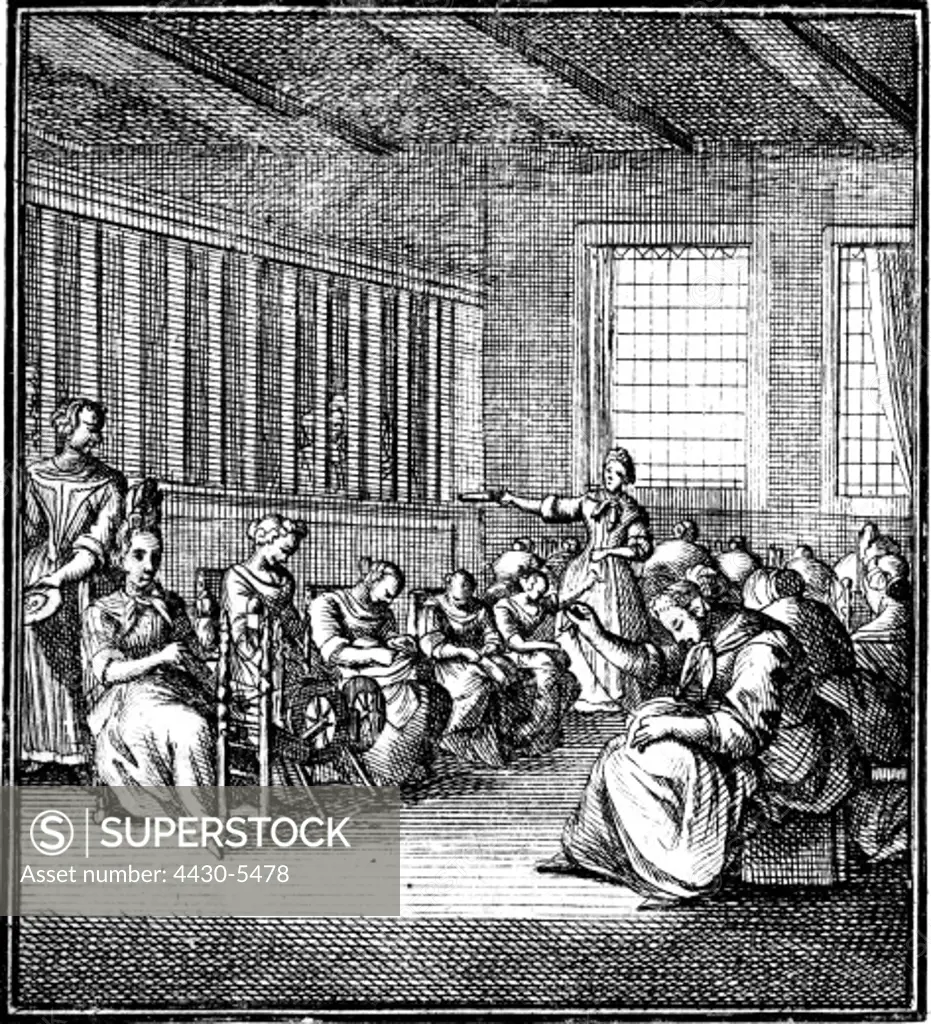 people sewing and knitting spinning ""Das Spinn-Haus"" copper engraving from class book by Christoph Weigel 1698 with verse by Abrahm a Santa Clara,