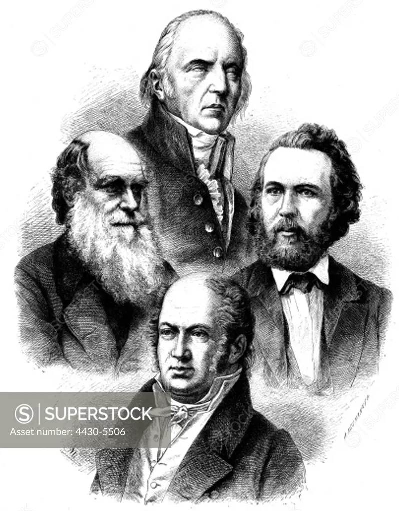 science biology primary representatives of ""Darwinism"": Charles Darwin (1809 - 1882) Jean Baptiste de Lamarck (1744 - 1829) Etienne Geoffroy Saint Hilaire (1742 - 1844) Ernst Haeckel (1834 - 1919) wood engraving by Adolf Neumann (1825 - 1884) circa 1880,