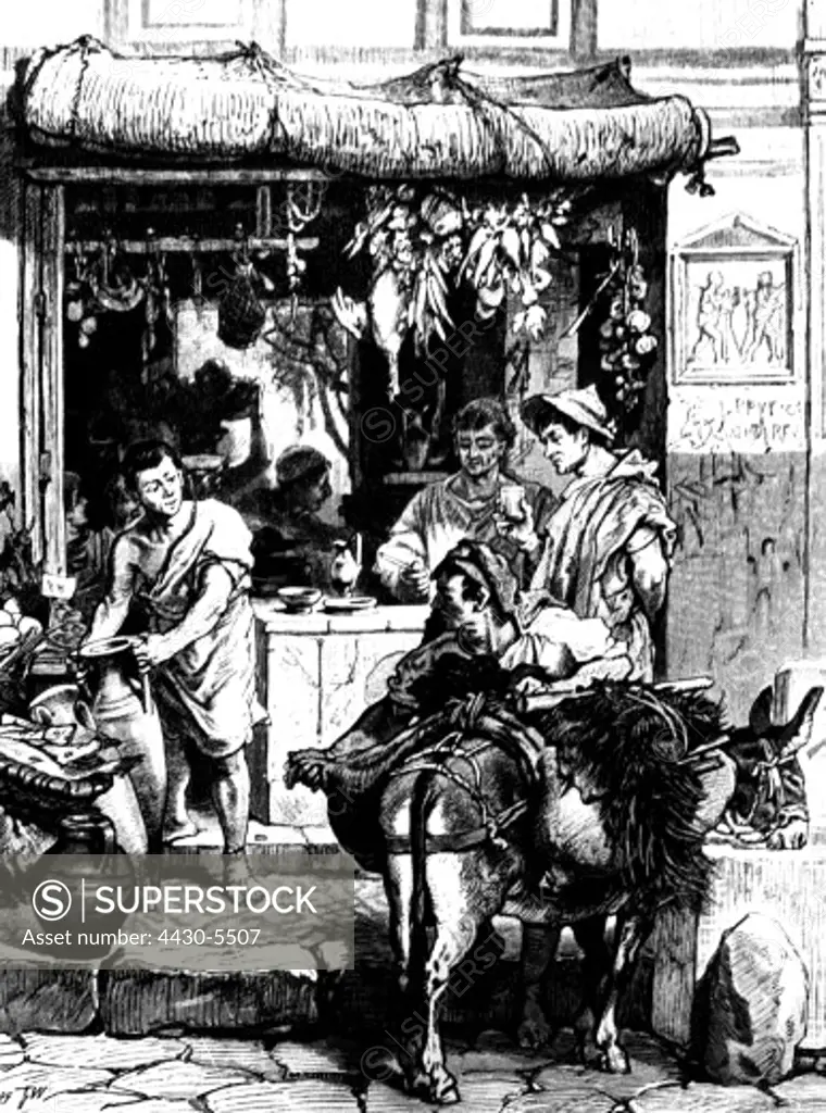 ancient world Roman Empire Pompeii street scene circa 50 AD reconstruction after excavation wood engraving late 19th century,
