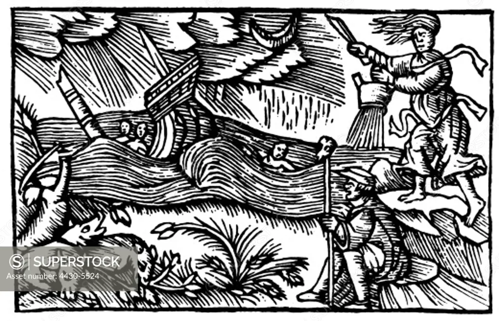 witches witches brewing a storm woodcut ""Historia de Gentibus Septentrionalibus"" of Olaus Magnus Rome 1555,