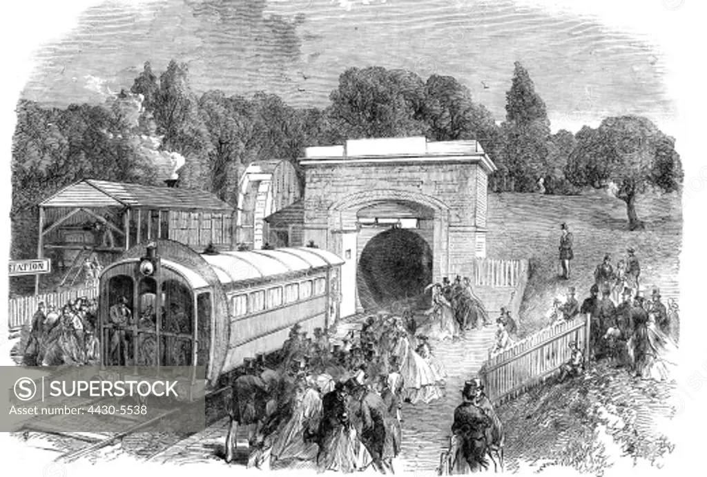 transport transportation public transport pneumatic railway at the Crystal Palace London engraving 1864 underground station tunnel Great Britain England historic historical,