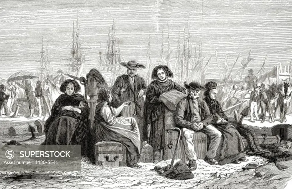 people emigrants departure German emigrants waiting at the harbour wood engraving after painting by Theophil Schuler (1847 - 1878),