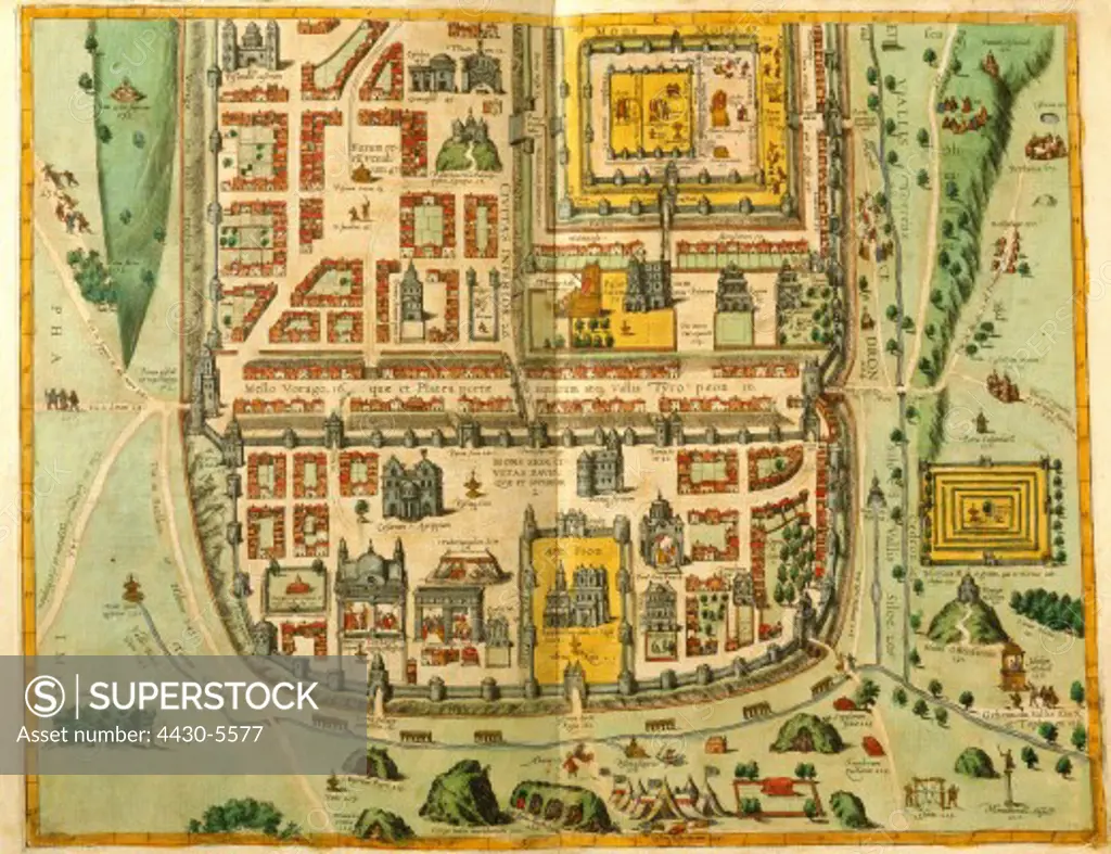 Israel Jerusalem woodcut coloured from ""Staedteatlas"" (Town Atlas) by Braun and Hogenberg 1588 Hamburg State Archives lower part with scenes from the life of Jesus Christ,