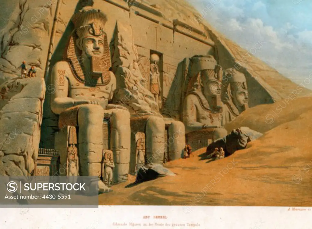 georgraphy/travel Egypt Abu Simbel Great Temple of King Ramesses (circa 1290 - 1224 BC 19th dynasty) exterior view colour lithograph by A Meermann after David Roberts circa 1860,