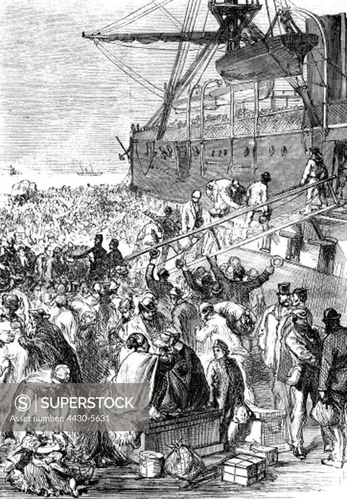 people emigrants departure emigrants boarding a steam ship wood engraving 2nd half 19th century,