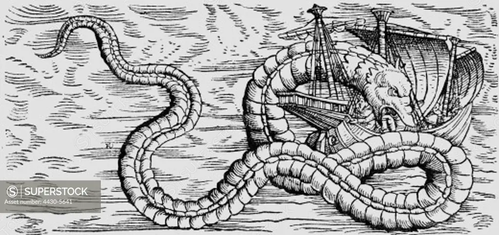 superstition mythical creatures ""sea serpent"" after description by Olaus Magnus woodcut ""Historia animalium"" by Conrad Gesner 4th volume ""Piscium et aquatilium animantium natura"" 1558,