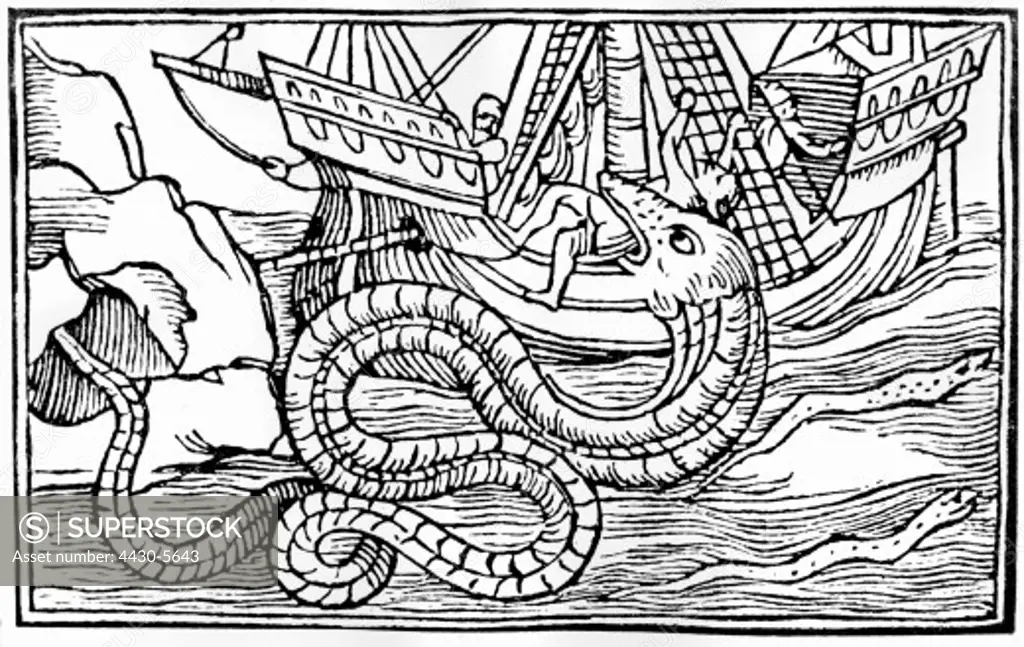 superstition mythical creatures sea serpent woodcut ""Historia de gentibus septentrionalibus"" by Olaus Magnus Rome 1555,
