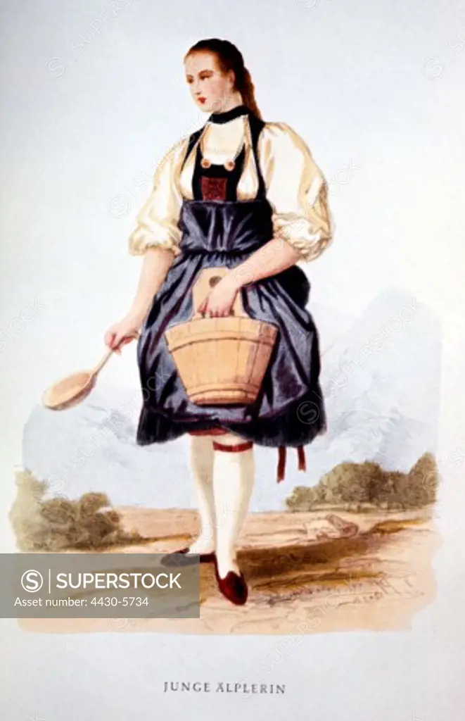 agriculture cultivation sowing young countrywoman from the Alps 19th century,