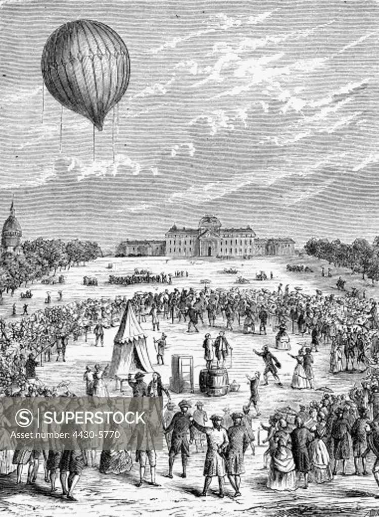 transport transportation aviation balloons hydrogene ballon ""Charliere"" constructed by brothers Anne-Jean and Nicholas-Louis Robert for Jacques Charles ascent Paris 27.8.1783 wood engraving 19th century,