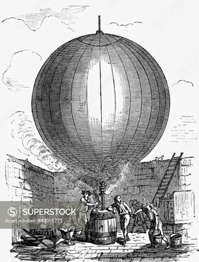 transport transportation aviation balloons hydrogene ballon ""Charliere"" constructed by brothers Anne-Jean and Nicholas-Louis Robert for Jacques Charles filling in the hydrogene Paris 23.- 26.8.1783 wood engraving 19th century,