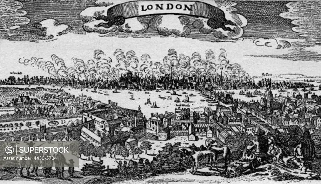 fires Great Fire of London 2.9.1666 - 5.9.1666 view of Bankside Southwark contemporary copper engraving by Visscher,