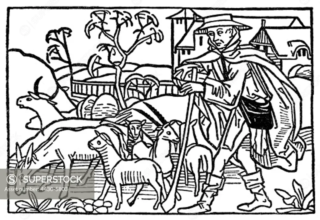 people professions herdsmen The Shepherd woodcut from ""Speculum vitae humanae"" by Rodrigo Sanchez de Arevalo Augsburg 1475 Germany,