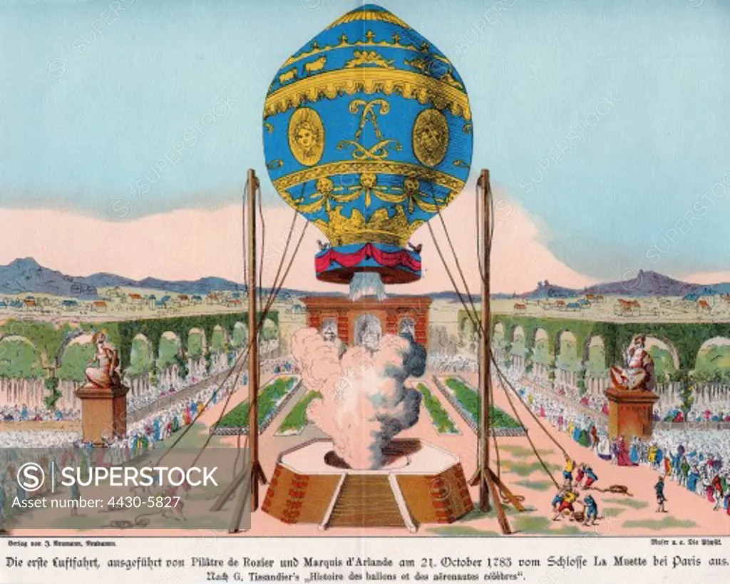 transport transportation aviation balloons hot-air ballon of brothers Joseph Michel and Jacques Etienne Montgolfier flight of the first manned balloon start at Chateau de La Muette Passy 21.10.1783 colour print J. Neumann Neudamm 19th century,