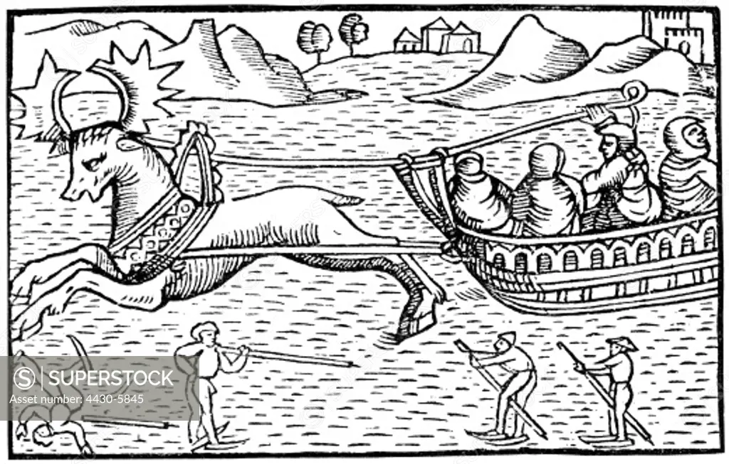 transport transportation sleigh sleigh drawn by an elk woodcut ""History of the Nordic People"" (""Historia de Gentibus Septentrionalibus"") of Olaus Magnus Rome 1555,