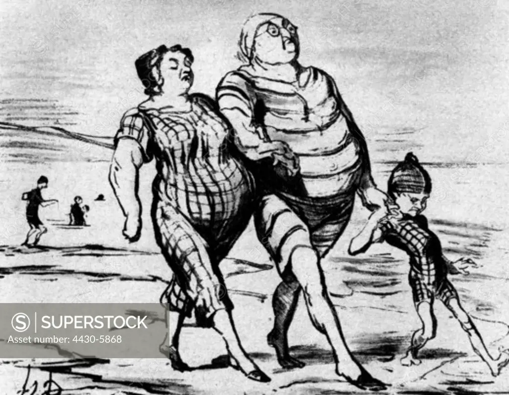 bathing beach caricature Mr. and Mrs. Honestman on the beach lithograph by Honore Daumier 1853,