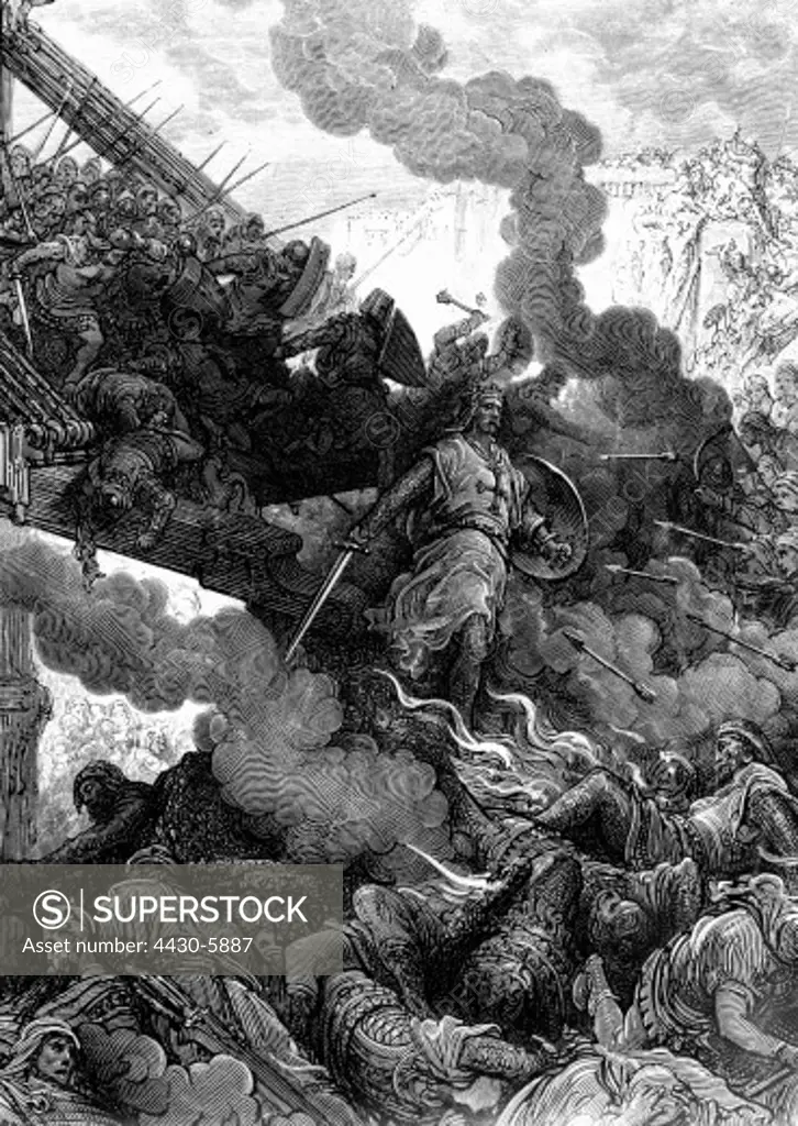 events First Crusade 1096 - 1099 conquest of Jerusalem 1099 Godfrey of Bouillon is leading the crusaders through the breach wood engrafing by Gustave Dor_ 1875,