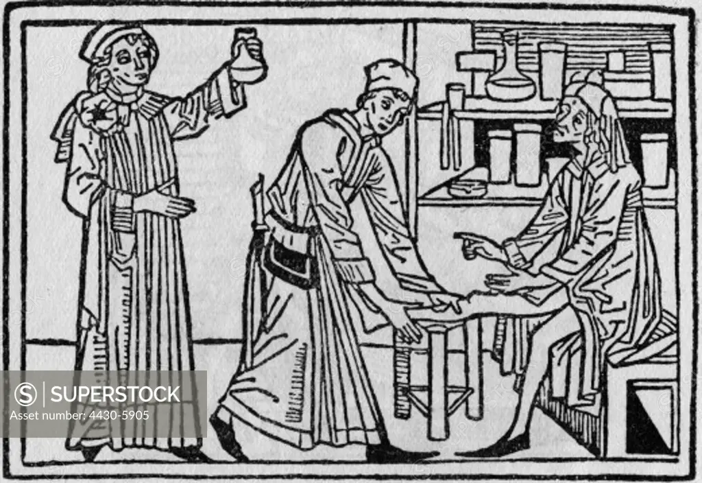 medicine physicians two physicans and a sick woodcut ""Speculum humanae vitae"" by Rodericus Zamorensis Augsburg 1471,