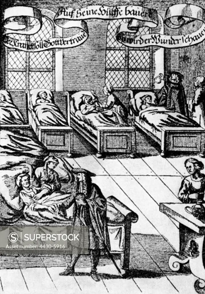 medicine hospital call doctors at a sickbed copper engraving from: ""Haus- Feld- Arzney- Koch- Kunst- und Wunder-Buch"" by Johann Christoph Thiemen Nuremberg 1682,