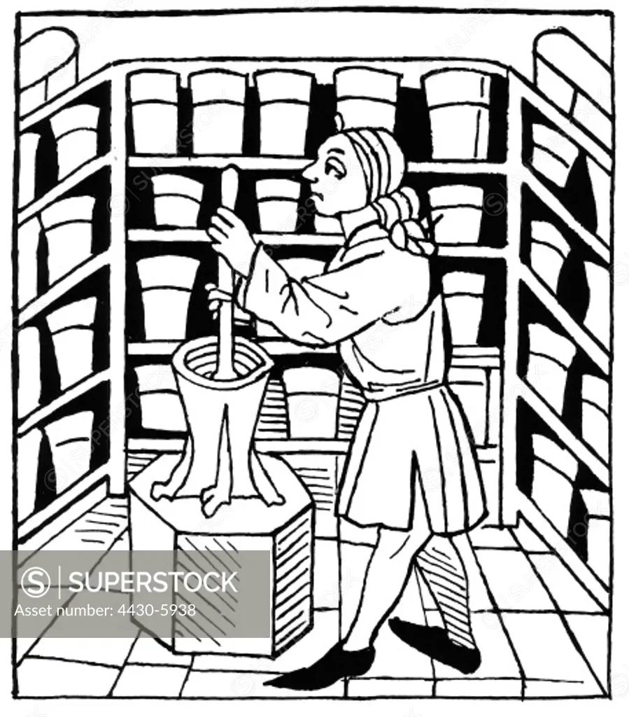 people professions pharmacist making medicine woodcut Germany 1470,
