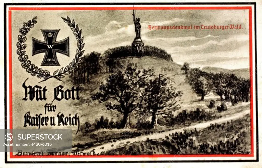events First World War WWI propaganda military postcard ""Mit Gott fuer Kaiser und Reich"" (With god for emperor and empire) drawing by Bernhard Meyer Detmold Germany circa 1914,
