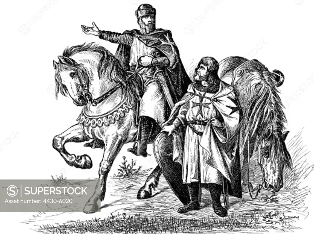 Middle Ages knights knight's orders a member of the Order of Saint John (Bailiwick of Brandenburg) and a Knights Templar wood engraving 19th century,