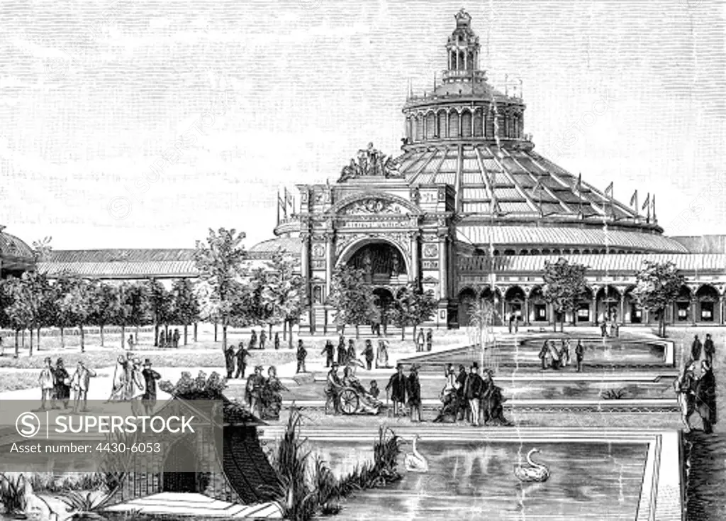 exhibitions world exposition Vienna 1.5.1873 - 2.11.1873 Rotunda built by Johann Caspar Hackort Company after plans by Karl von Hasenauer exterior view wood engraving 1873,