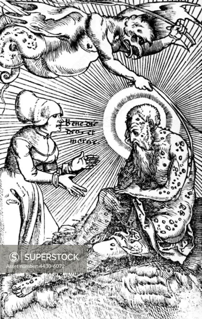 religion biblical scenes Job afflicted with leprosy woodcut ""Feldtbuch der Wundarzney"" by Hans von Gersdorff printed by Johann Schott Strassbourg 1528,