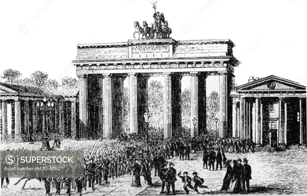 Germany Berlin Brandenburg Gate built 1788 - 1791 by Carl Gotthard Langhans wood engraving late 19th century scene: soldiers return from the changing of the guard at the castle,