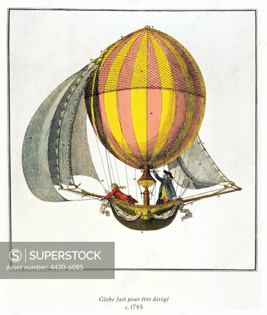 transport/transportation aviation balloons Balloon ride France circa 1785 engraving flying sails airship 18th century,