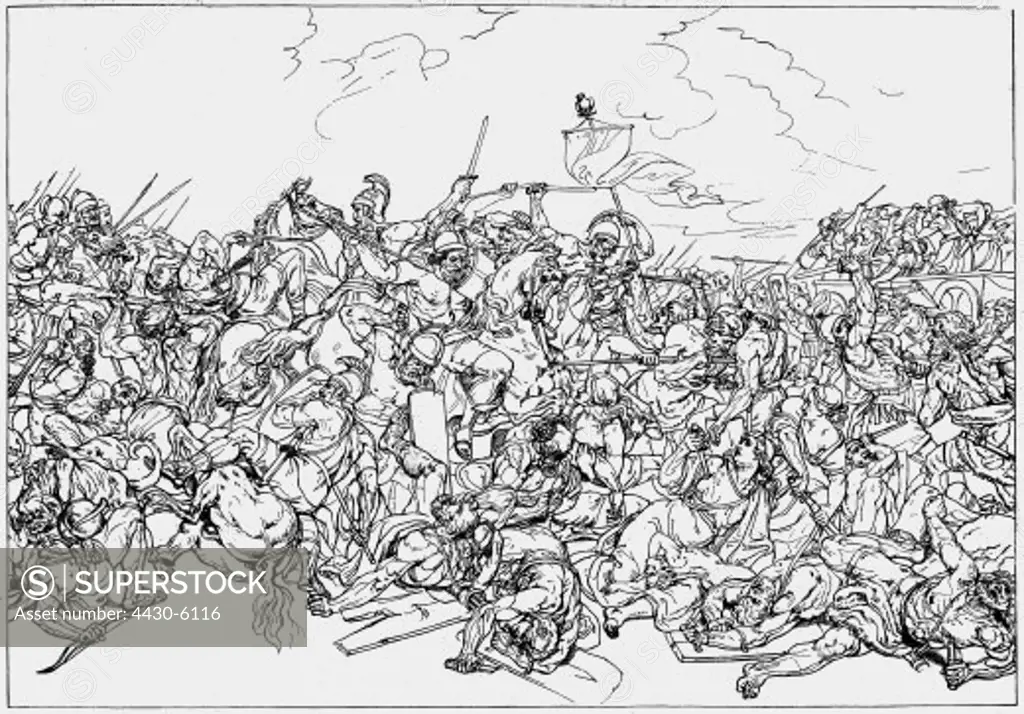 events Cimbrian War 113 - 101 BC Battle of Vercellae 30.7.101 BC wood engraving after drawing by Karl Ens 19th century,