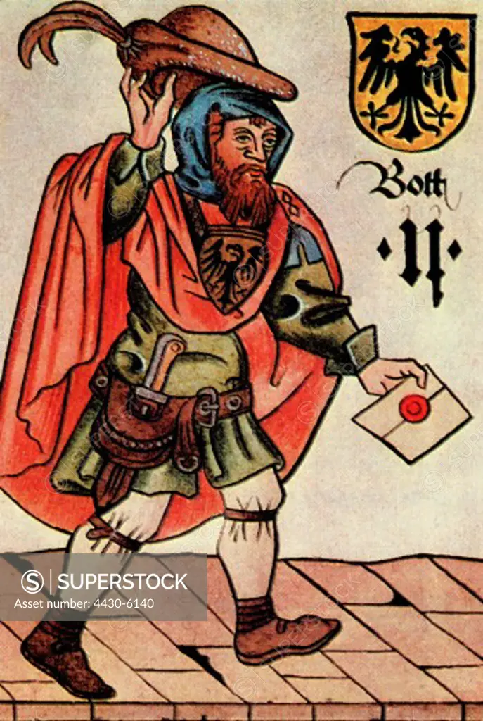 mail post courier German postman coloured print after card game Ambrass Castle Tyrol 15th century,
