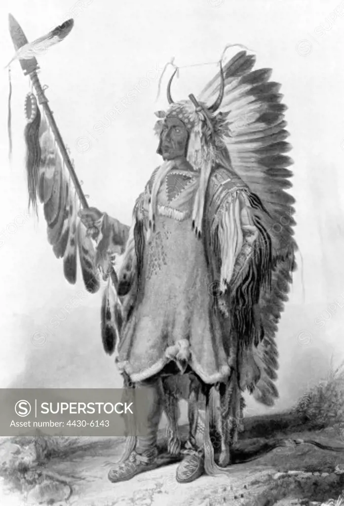 United States of America American Indians Mato Topah circa 1800 - 30.7.1837 chieftain of the Mandan (Sioux) full length colour printing after painting by Carl Bodmer 1832,