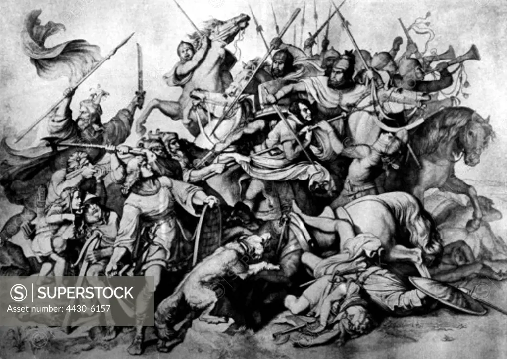 Middle Ages Frankish Empire Saxon War 772 - 783 ""The Saxon Battle"" painting by Wilhelm von Kaulbach 19th century,