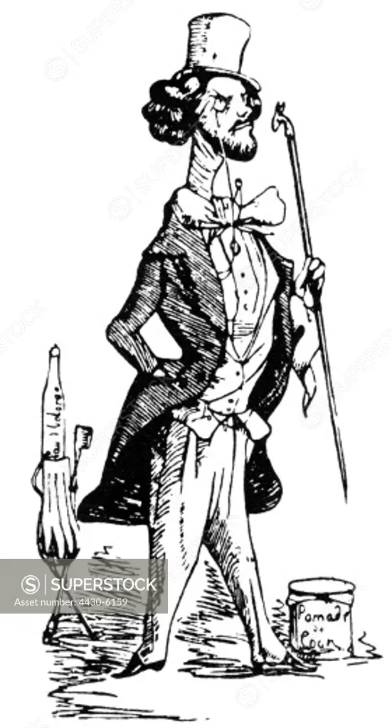 fashion 19th century mens fashion Great Britain caricature ""The Dandy"" wood engraving circa 1845,