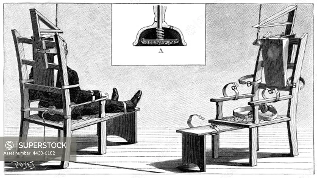justice penitentiary system electrical chair wood engraving circa 1890,
