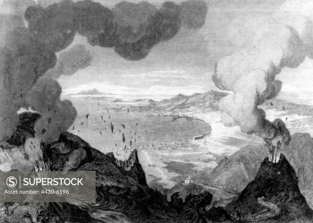 disasters vulcano eruptions Vesuv eruption on 24.4.1872 after drawing by Robert Keck wood engraving 19th century,